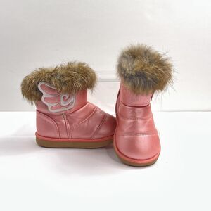 Comfy Kids Boots Girls EU 24 Pink Ankle Faux Fur Winter Wing Patch Toddler Sz 8